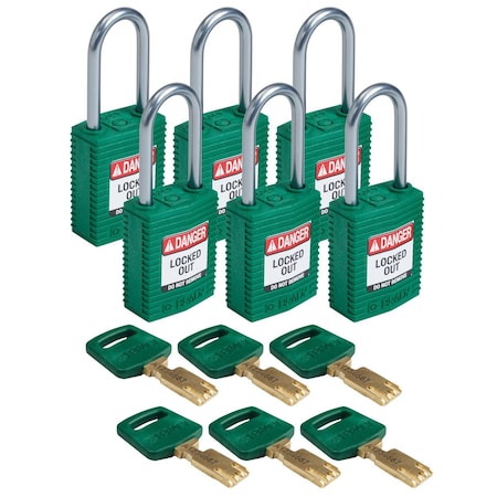 Brady Padlock, Keyed Different, Nylon, Green, 6 PK CPT-GRN-38AL-KD6PK